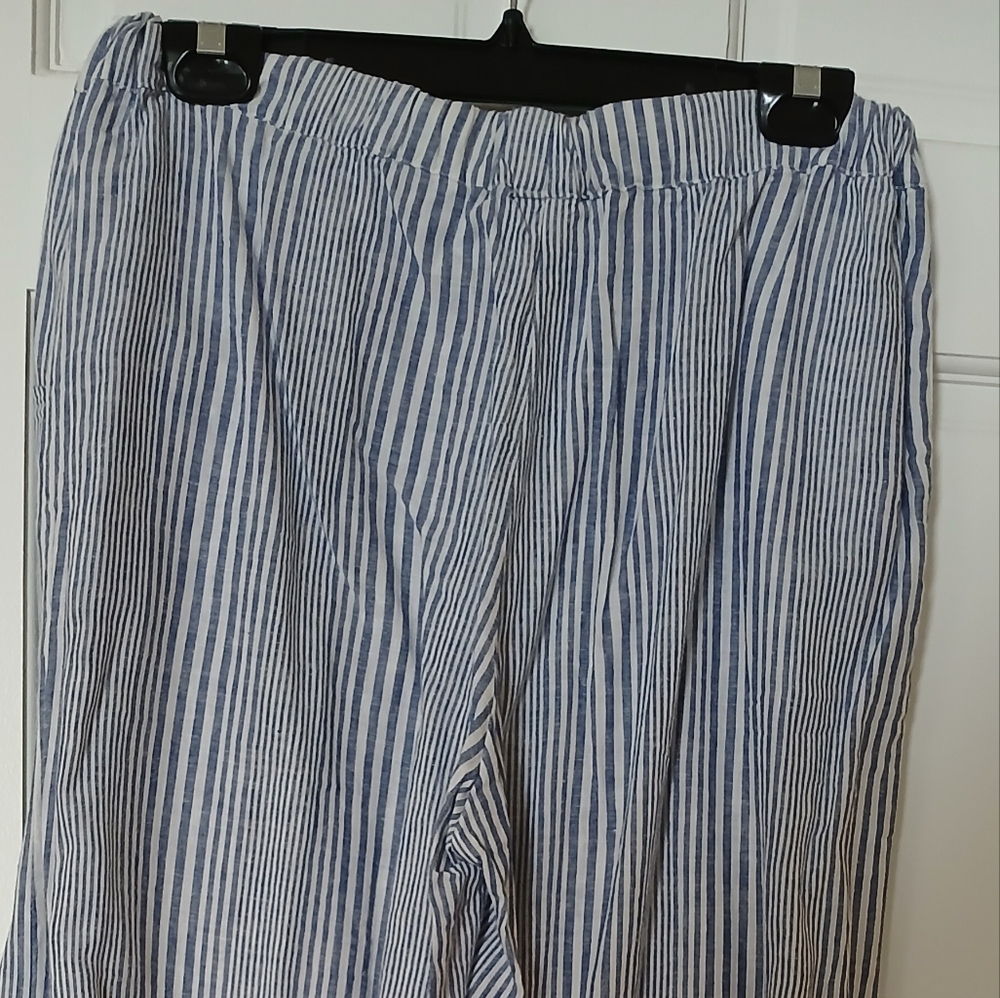 Striped Blue White Wiide Leg, 55% Linen 45% Cotton Elastic Waist Pants - Picture 6 of 10